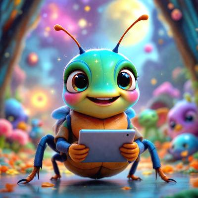 The primary subject of the image is a cartoon-like insect, possibly a grasshopper or a beetle, sitting on the ground and holding a tablet. The insect appears to be smiling and is surrounded by a colorful and vibrant environment. The setting includes a variety of colorful flowers and other insects, creating a lively and playful atmosphere. The visual style of the image is a combination of digital art and illustration, giving it a unique and creative appearance. The colors and mood of the